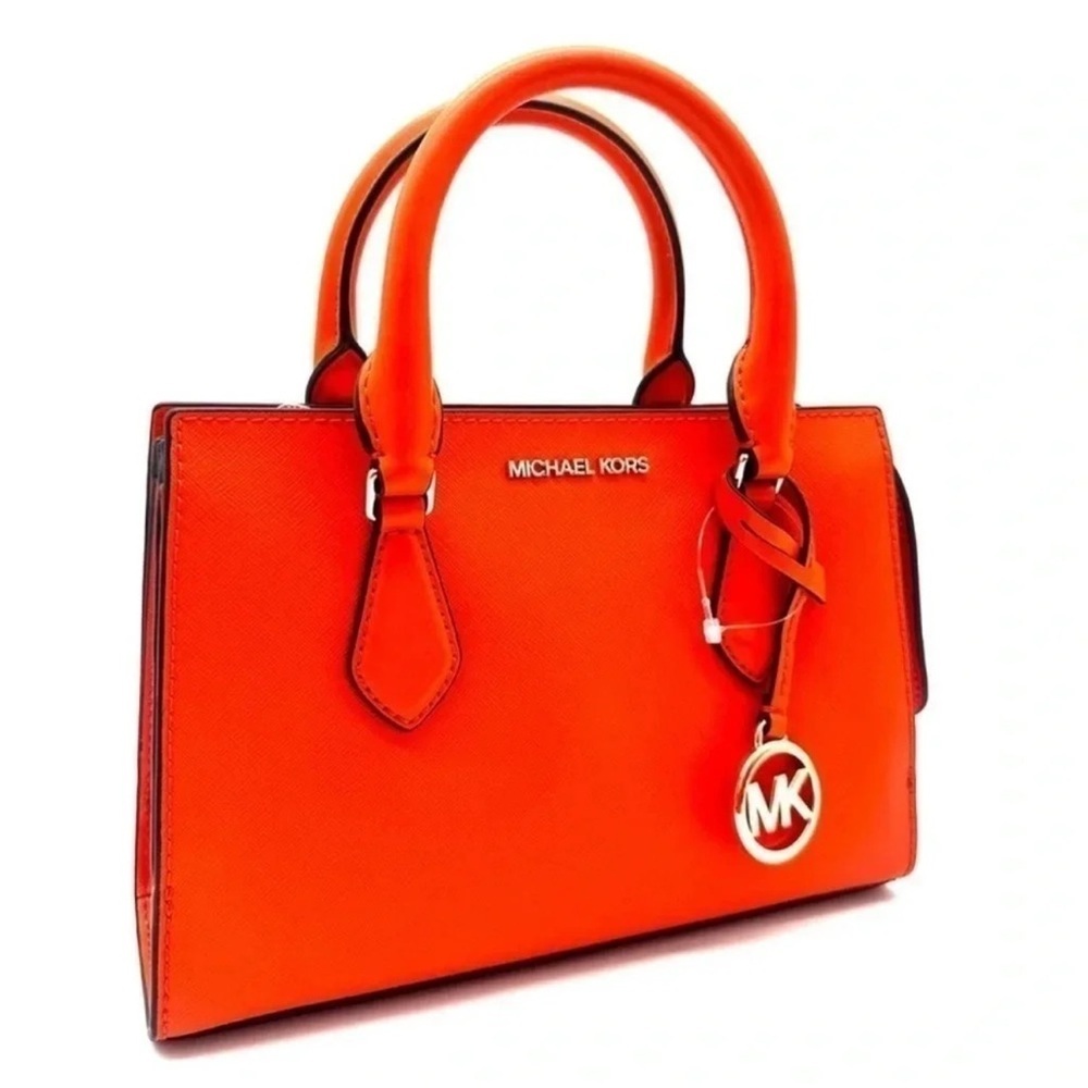 Michael Kors Sheila Small Center Zip Satchel Shoulder Crossbody Bag Orange/Gold - Picture 3 of 11